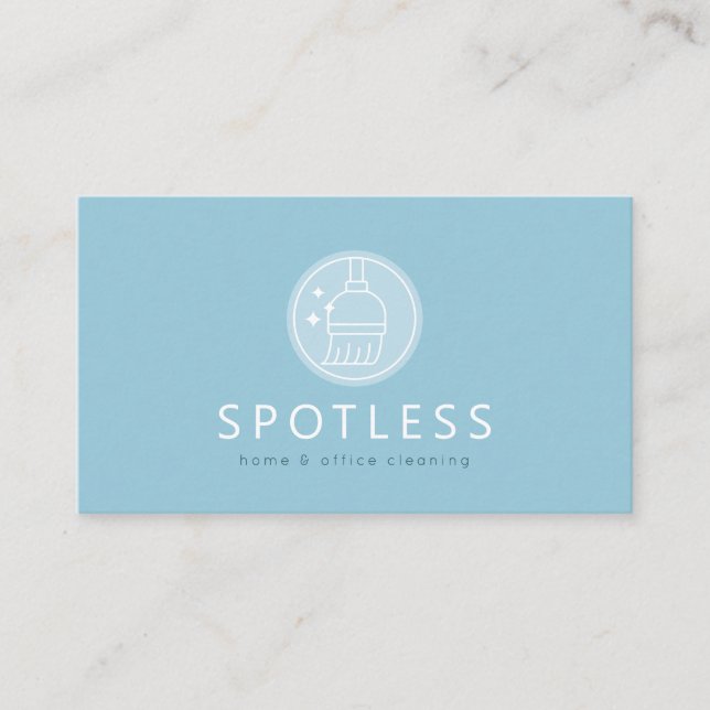 Modern Broom Logo Blue Cleaning Service Maid Business Card (Front)