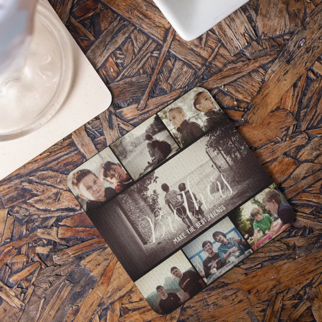 Modern Brother Best Friends Dark Photo Collage Beverage Coaster (Creator Uploaded)
