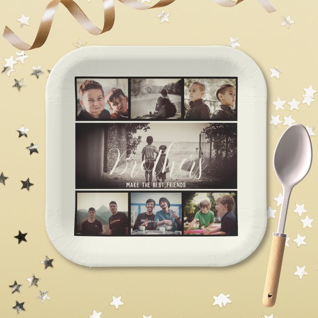 Modern Brother Best Friends Dark Photo Collage Paper Plates (Creator Uploaded)