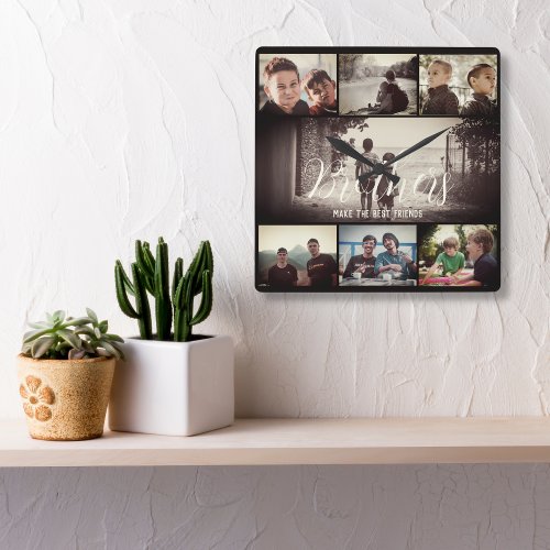 Modern Brother Best Friends Dark Photo Collage Square Wall Clock