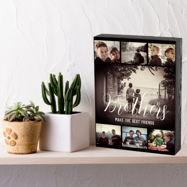 Modern Brother Best Friends Dark Photo Collage Wooden Box Sign (Creator Uploaded)