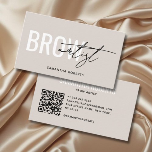 Modern brow artist QR Code beige Business Card