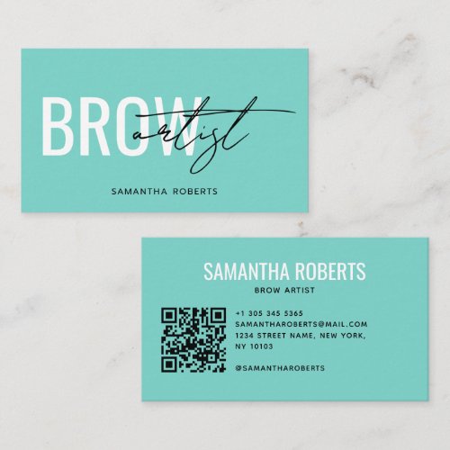 Modern brow artist QR Code teal Business Card