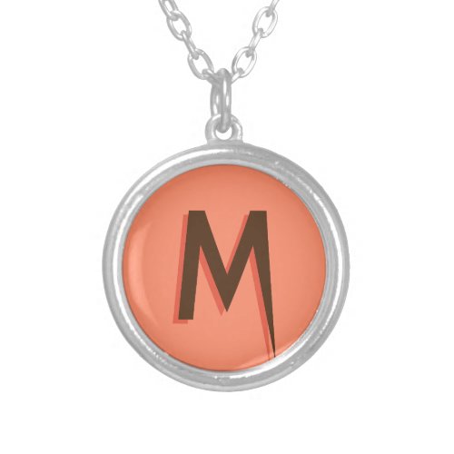 Modern Brown 3D Text Initial Letter  Salmon Pink  Silver Plated Necklace
