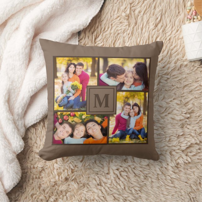 Modern Brown 4 Family Photo Collage Monogram Throw Pillow (Blanket)