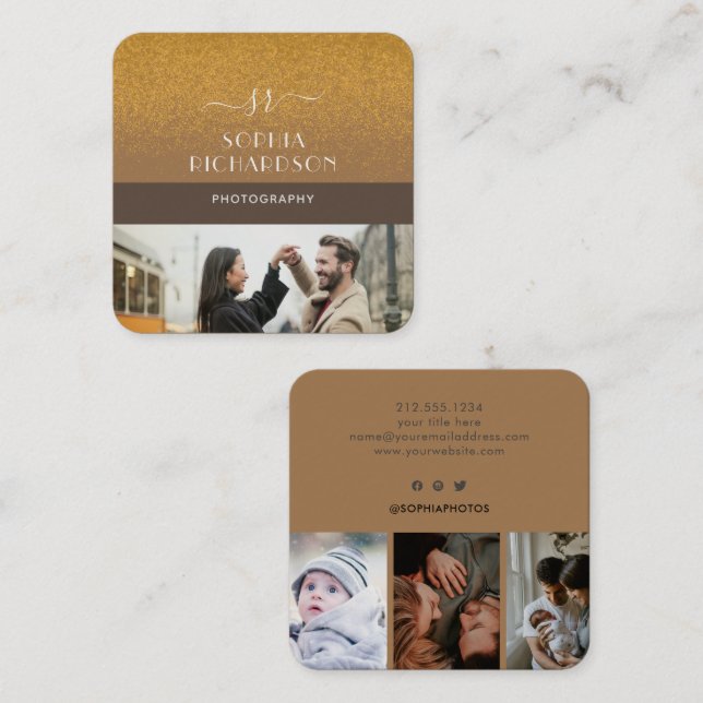 Modern Brown 4 Photos Gold Glitter Monogram Square Business Card (Front/Back)