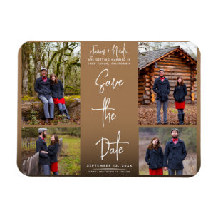 Modern Brown 4 Photos Save the Date Wedding Magnet