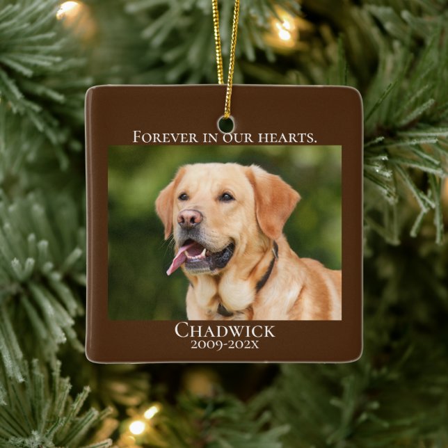 Modern Brown Add Photo Pet Memorial  Ceramic Ornament (Tree)