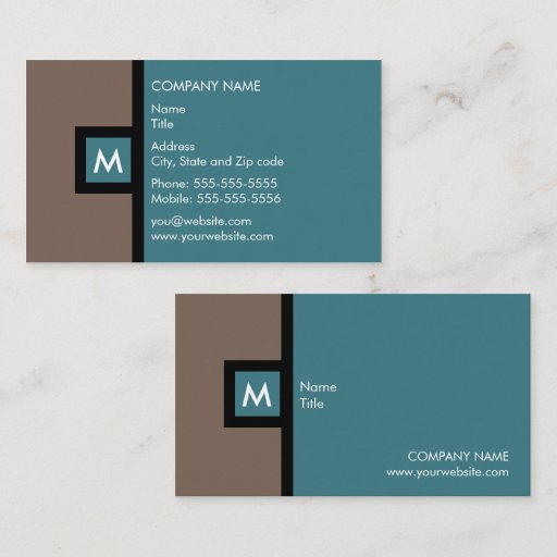 Customizable Modern Brown and Teal Monogram Business Card