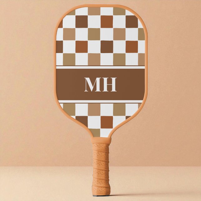 Modern Brown and White Checkered Initials Monogram Pickleball Paddle (Modern Brown and White Checkered Initials Monogram Pickleball Paddle)