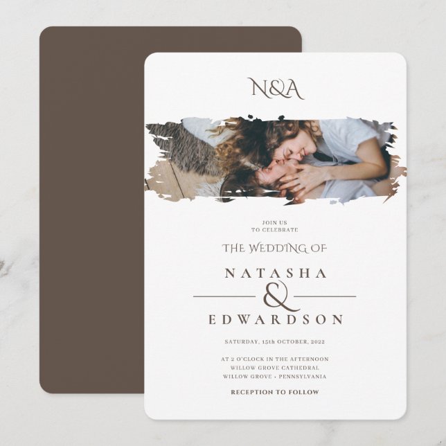 Modern Brown and White Stroke Photo Wedding Invitation (Front/Back)