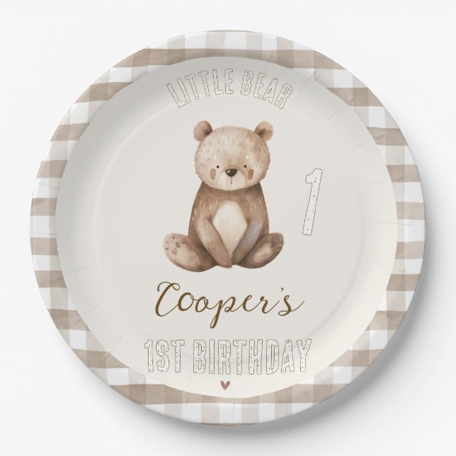 Modern Brown Arch Our Little Bear 1st Birthday Paper Plates (Front)