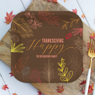 Modern Brown Autumn Botanical Family Thanksgiving Paper Plates