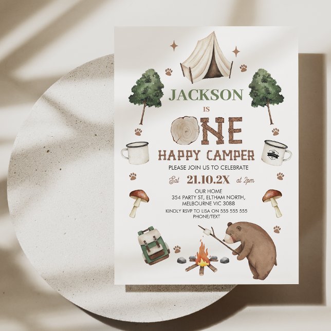 Modern Brown Bear Tent One Happy Camper Birthday Invitation (Boys Happy Camper Birthday Invitation Brown Bear tent Camp Fire Camping Themed 1st Birthday Template)