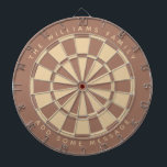 Modern Brown Beige Custom Family Name and Message  Dart Board<br><div class="desc">A classic dartboard design with alternating brown and beige (light brown) triangles. It uses a modern shade of brown.

Above and below there are the name and a message as arched text,  in caps.</div>