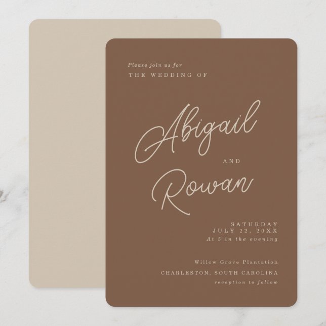 Modern Brown Beige Minimalist Script Wedding Invitation (Front/Back)