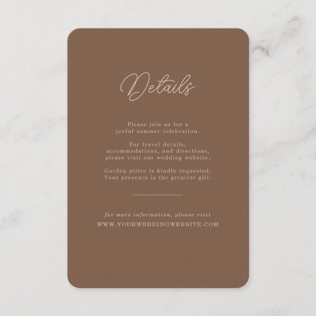 Modern Brown Beige Minimalist Wedding Details Card (Front)