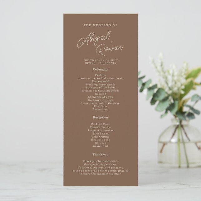 Modern Brown Beige Minimalist Wedding Program Card (Standing Front)