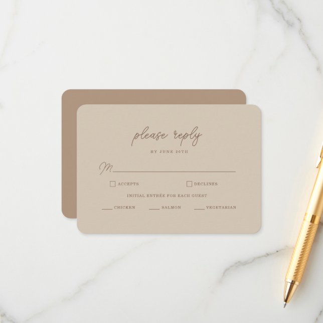 Modern Brown Beige Minimalist Wedding RSVP Card (Front/Back In Situ)