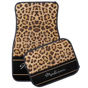 Modern Brown Black Leopard Print Monogram Name Car Floor Mat