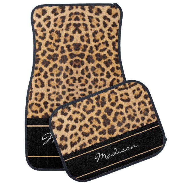  Modern Brown Black Leopard Print Monogram Name Car Floor Mat (Set)