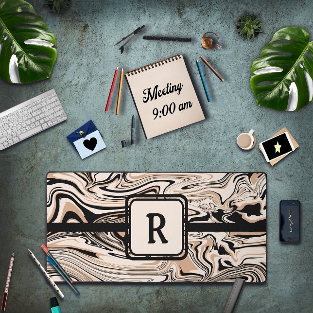 Modern Brown Black Pattern Monogram Desk Mat (Creator Uploaded)