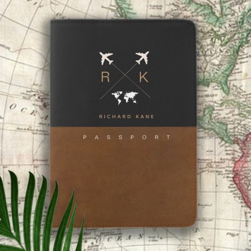 Modern Brown Black Travel Passport Cover with Name