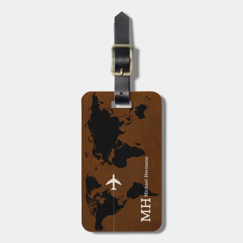 modern brown black travel world_map custom luggage tag