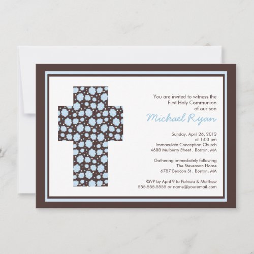 Modern Brown Blue Cross Boys  CommunionInvitation