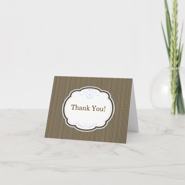 Modern Brown Blue Cross Religious Thank You Note Card (Front)
