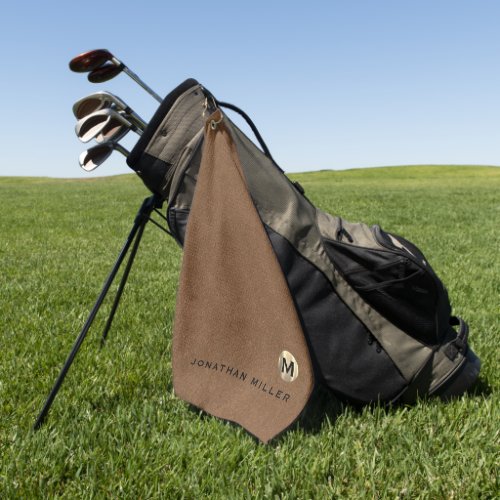 Modern Brown Brushed Gold Monogram Golf Towel