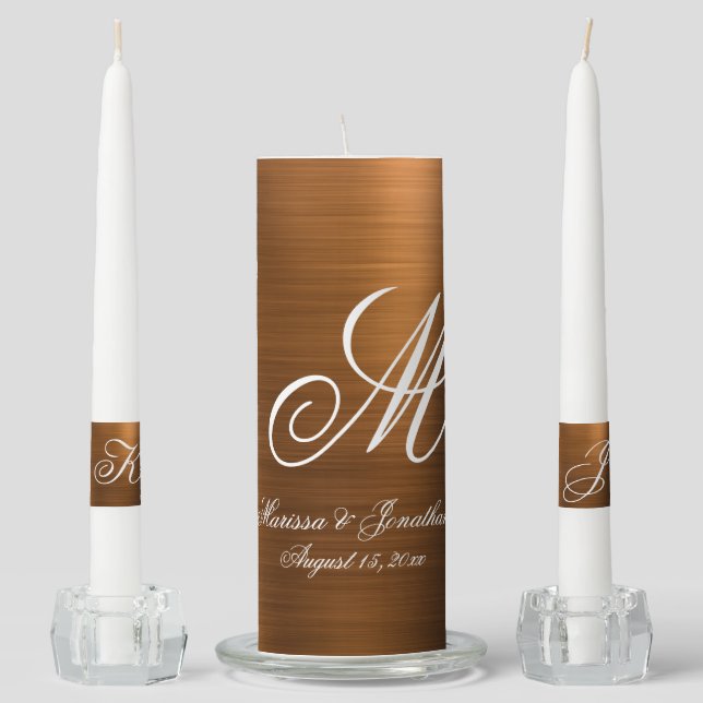 Modern Brown Brushed Metallic Monogram Wedding Unity Candle Set (Front)