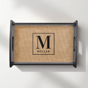 Modern Brown Burlap Family Name Monogram Serving Tray