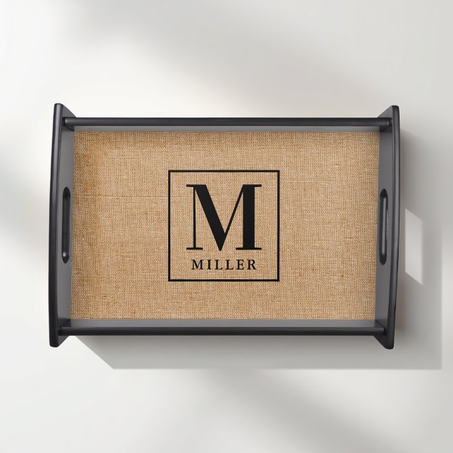 Modern Brown Burlap Family Name Monogram Serving Tray (Creator Uploaded)