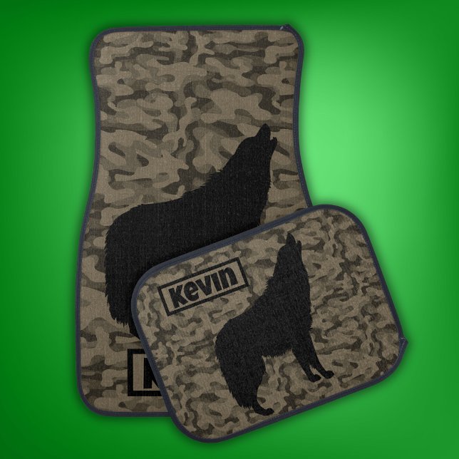 Modern Brown Camo Black Wolf Silhouette Monogram | Car Floor Mat (Creator Uploaded)