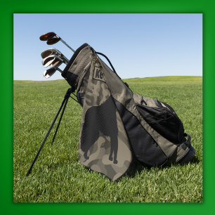 Modern Brown Camo Black Wolf Silhouette Monogram Golf Towel