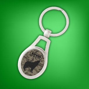 Modern Brown Camo Black Wolf Silhouette Monogram   Keychain