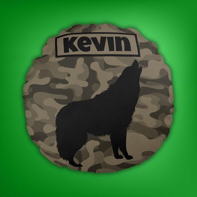 Modern Brown Camo Black Wolf Silhouette Monogram | Round Pillow (Creator Uploaded)