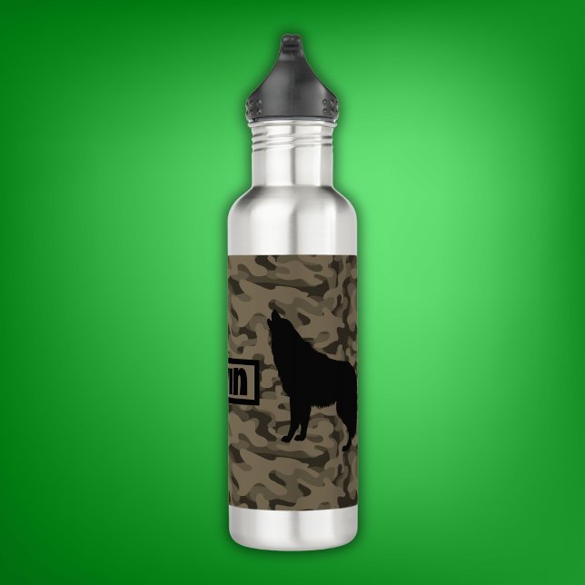 Modern Brown Camo Black Wolf Silhouette Monogram | Stainless Steel Water Bottle (Creator Uploaded)