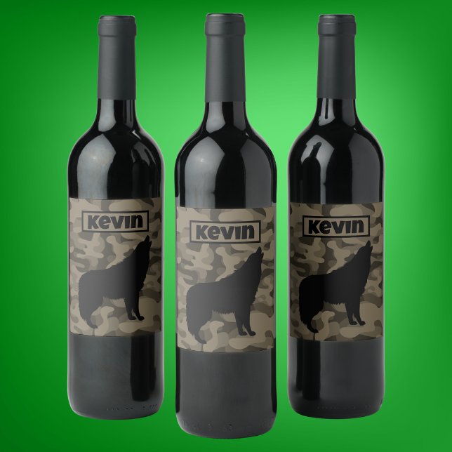 Modern Brown Camo Black Wolf Silhouette Monogram | Wine Label (Creator Uploaded)