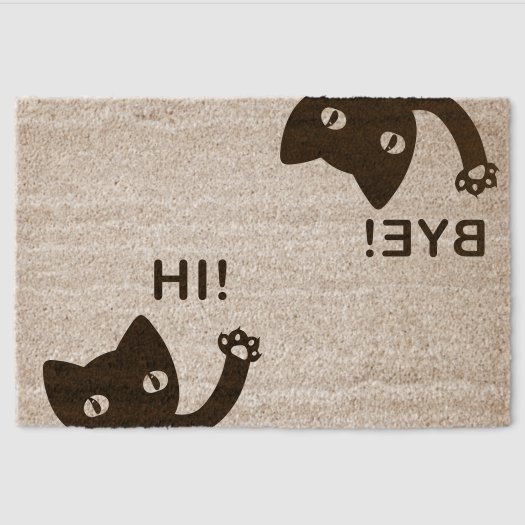 Modern Brown Cat Welcome Hi Bye Word Art Coir
