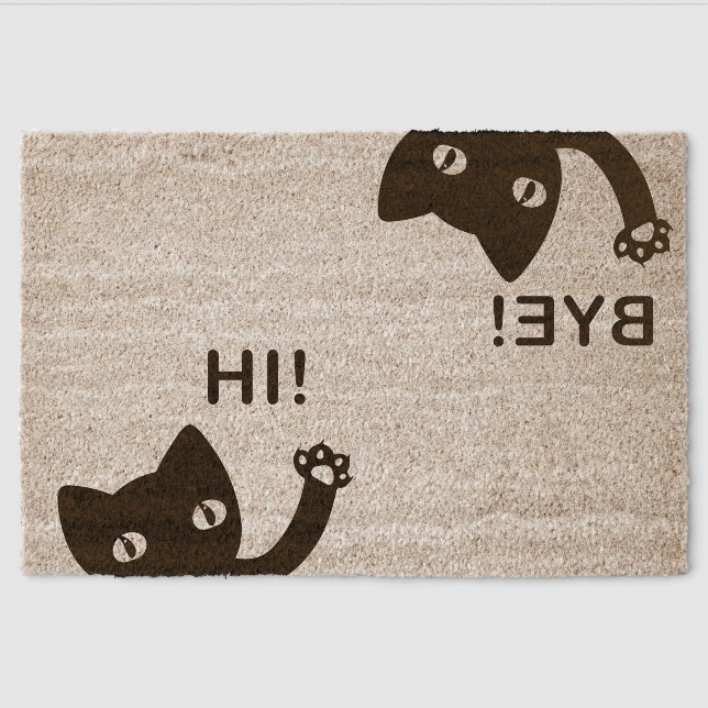 Modern Brown Cat Welcome Hi Bye Word Art Coir Fiber Doormat (Front)