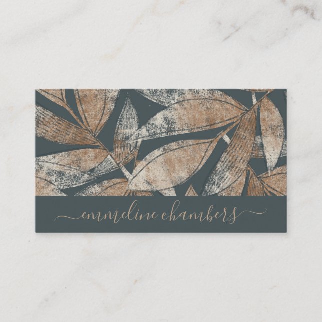 Modern Brown Charcoal Gray Leaf Pattern  Business Card (Front)