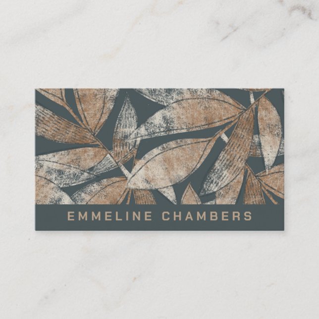Modern Brown Charcoal Gray Leaf Pattern Business Card (Front)