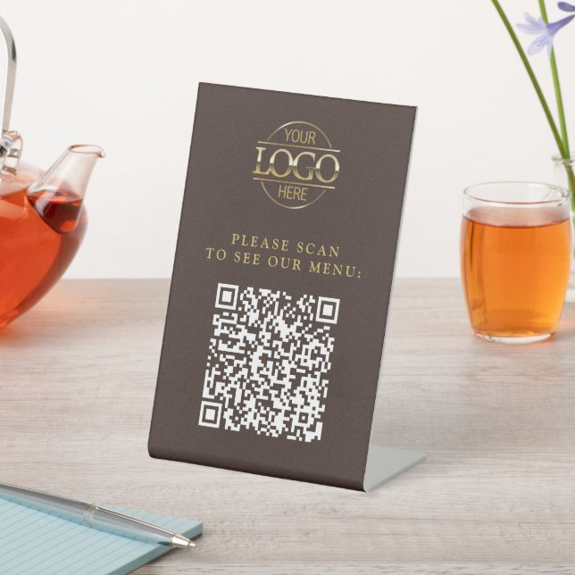 Modern Brown Custom Business Logo QR Code Menu  Pedestal Sign (In SItu)