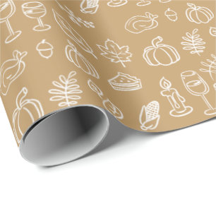 Modern Brown Cute Doodle Pattern Fall Thanksgiving Wrapping Paper