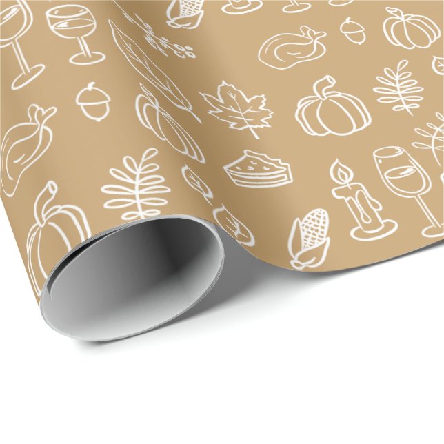 Modern Brown Cute Doodle Pattern Fall Thanksgiving Wrapping Paper (Roll Corner)