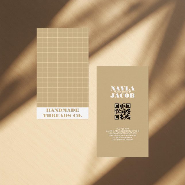 Modern Brown Earth Tone Checkered Pattern QR Code  Business Card (Creator Uploaded)