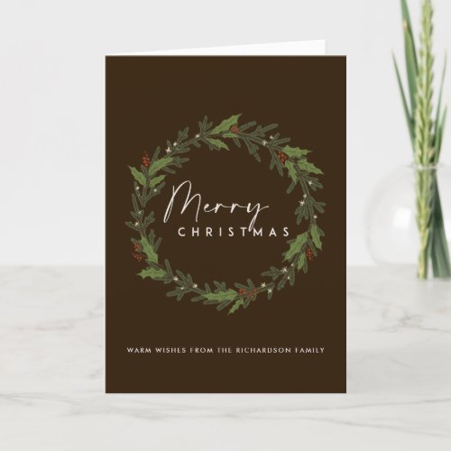 MODERN BROWN ELEGANT HOLLY BERRY WREATH CHRISTMAS CARD