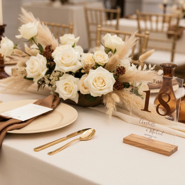 Modern Brown Elegant Wedding Table Number Acrylic Sign (Creator Uploaded)